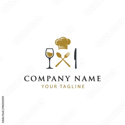 Elegant Restaurant Logo with Chef Hat Wine Glass and Cutlery.