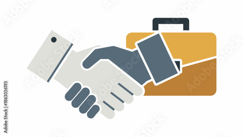Business Handshake and Briefcase Flat Icon Symbolizing Partnership Deal on Bright Studio Background