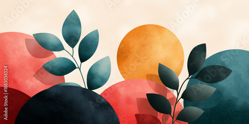 Creative abstract illustration featuring organic shapes and leafy green plants, representing diversity, nature, and cultural themes