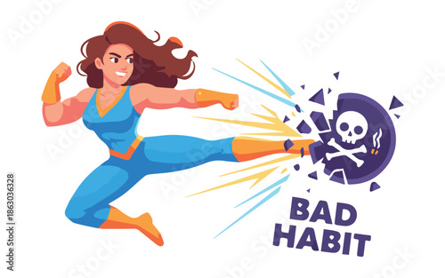 Confident woman kicking away bad habits with dynamic motion