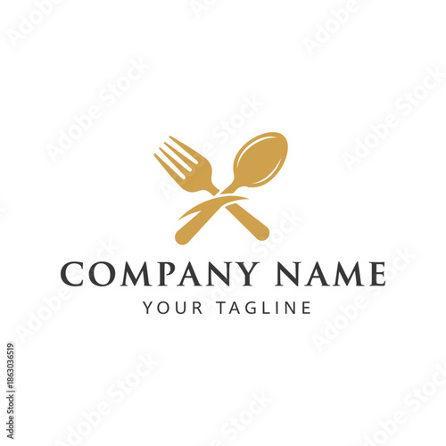 Golden Fork and Spoon Crossed Logo Design.