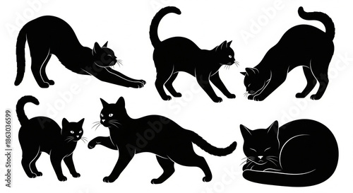 Playful cat silhouette vector set with expressive feline poses