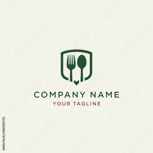 Shield Logo with Fork and Spoon for Food Business.