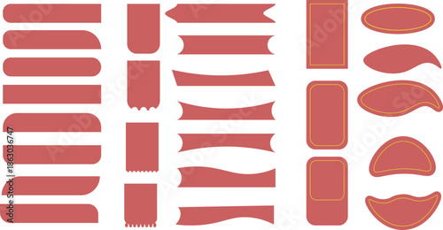 An assortment of red and yellow speech bubbles and ribbons displayed against a white backdrop.