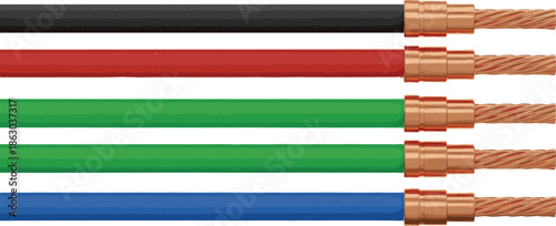 Set of multicolored electrical power cables with copper wire conductors isolated on white for industrial wiring, electricity supply, and engineering projects.