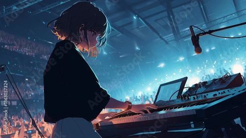 A focused female anime keyboardist performs intricate melodies on her instrument during a live concert.