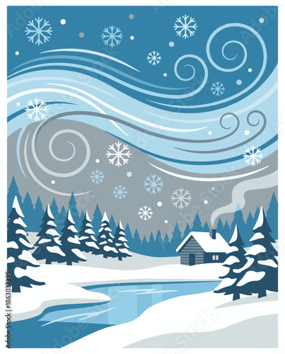 Stylized winter landscape with snow-covered cabin and frozen lake