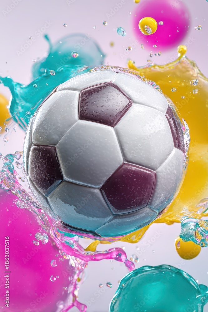 Fototapeta premium Colorful liquid art surrounding a soccer ball on a minimal white background