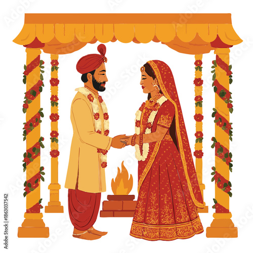  Indian Wedding Bride and Groom Under Shadi Mandap Clipart – Traditional Marriage Ceremony Illustration Isolated on White Background