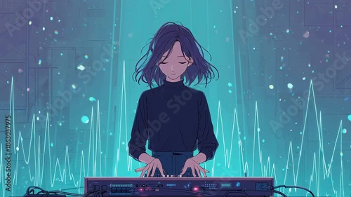 A serene female anime keyboardist creates captivating music on stage with ethereal blue light effects.