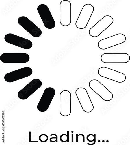 Minimalist Black and White Loading Progress Bar Icon with Circular Spinner and Loading Text for Web Interface Digital App Design Graphic Isolated Vector