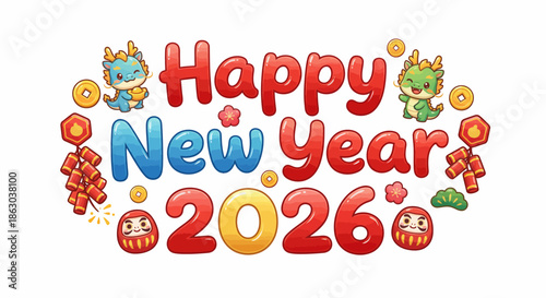 Vibrant and cheerful cartoon illustration wishing a joyful Happy New Year 2026, adorned with charming dragons, lucky coins, and celebratory firecrackers, embodying festive spirit