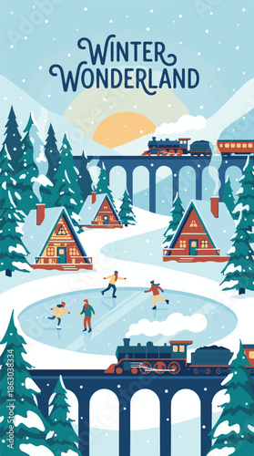 Winter Landscape with Ice Skating, Steam Trains, and Snowy Cabins