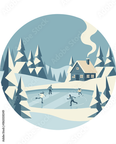Winter landscape with ice skaters on a frozen pond near a cozy cabin