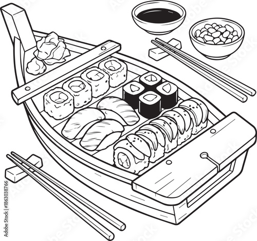 Sushi boat platter icon with nigiri, maki rolls, chopsticks, and garnish in black silhouette design