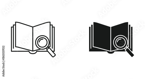 Magnifying glass over open book icon set