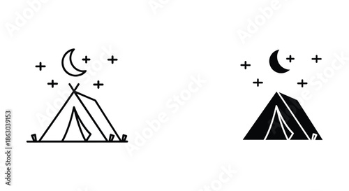 Camping tent under night sky with moon and stars