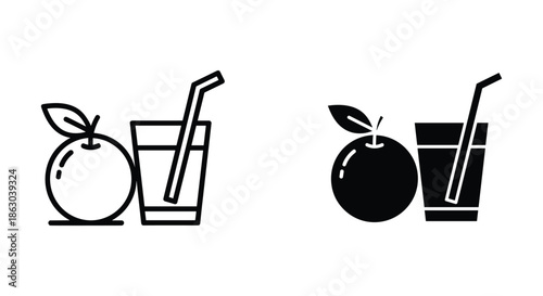 Fresh fruit juice with straw icon set