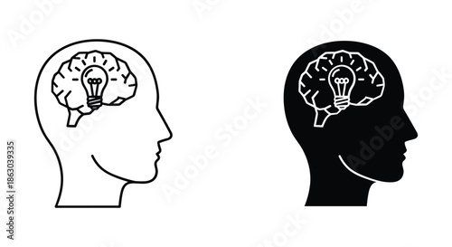 Creative human head silhouette with brain and light bulb