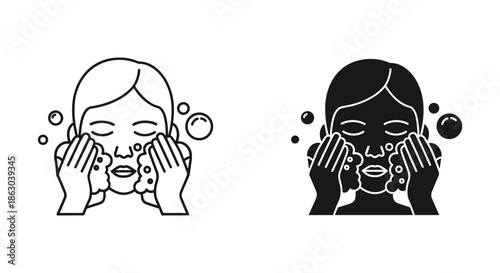Woman washing face with soap and water