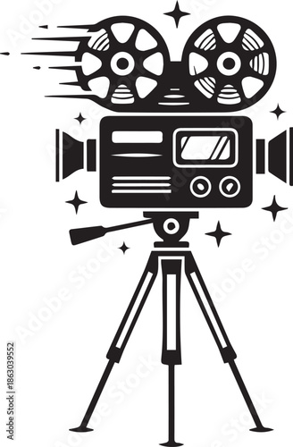 Vintage film camera on tripod with motion lines and spark accents in black silhouette cinematic design