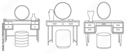 Minimal dressing table line art vector assets for interior design and graphic design