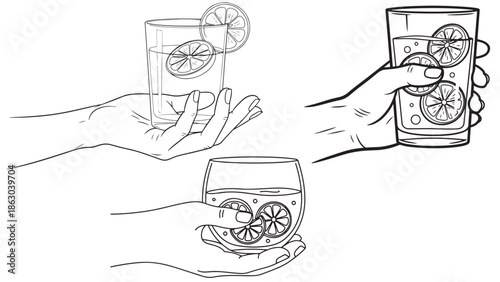 Detailed vector illustration of a hand holding a glass of water with lemon representing hydration health wellness habits and refreshing drinks