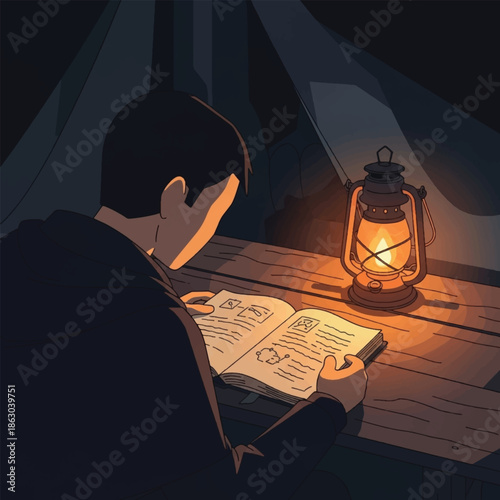 Man reading book by lantern light.