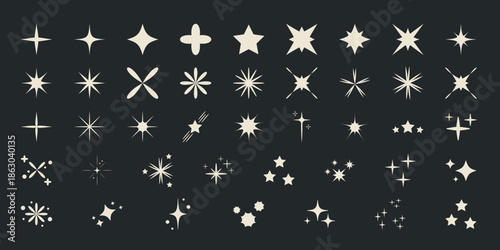 Starburst and sparkle vector icons set Collection of vintage starburst, sparkle, and twinkle shapes in beige on dark background, ideal for retro design and decoration