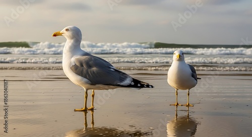 Seagulls on the Beach - Coastal Birds in Natural Habitat.