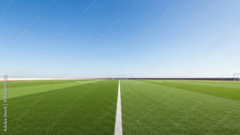 Obraz premium A well-maintained green soccer field with white lines under a clear blue sky on a sunny day.
