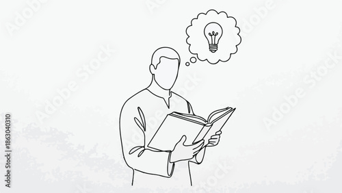 Continuous line drawing of a person reading a book and getting an idea
