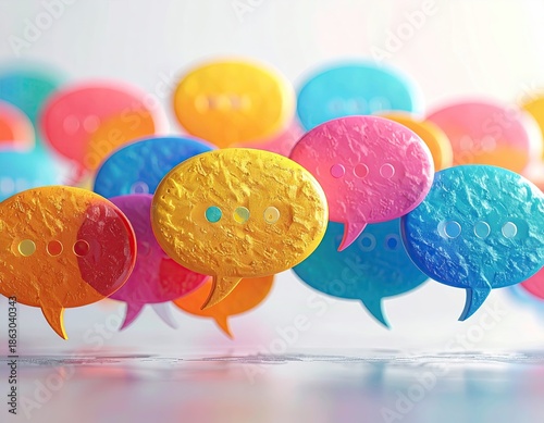 Floating textured, colorful speech bubbles against a soft, out-of-focus background
