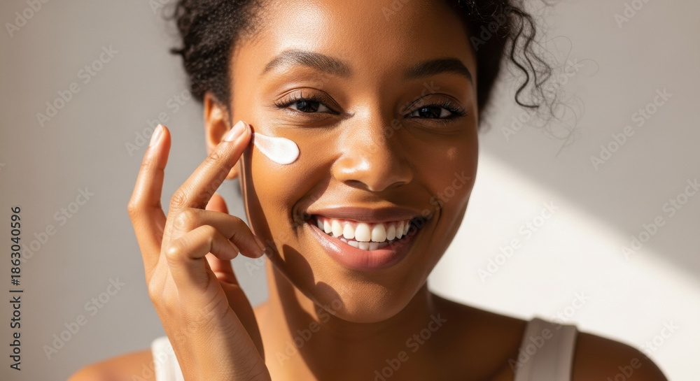 Obraz premium Close-up of a smiling young woman applying face cream with her finger. She has clear, radiant skin, in natural light against a neutral background.