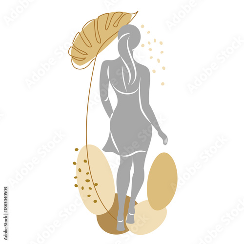 Silhouette of a cute lady and leaves of a plant. The girl is standing. The woman has a beautiful figure. She is young and slim. Vector illustration