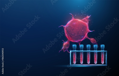 Red tumor with blood test rack. Cancer diagnostics, oncology research, medical analysis, blood testing, disease detection, biomedical study concept.