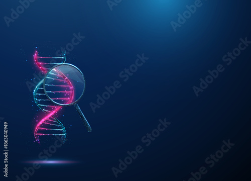 Purple 3D DNA under magnifying glass. Genetic mutation, DNA sequencing, molecular biology, gene editing, scientific innovation, diagnostics concept