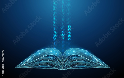 Open book with vertical streams of blue digital dots and letters AI. Knowledge expansion, learning systems, data processing, information flow concept.