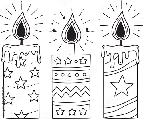 Decorative candle trio with stars, stripes, and radiant flames in black silhouette festive design