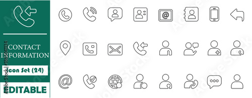 Clean outline contact information icon set featuring phone, message, email, user and location symbols. Ideal for websites, apps, UI design, customer support and communication interfaces.