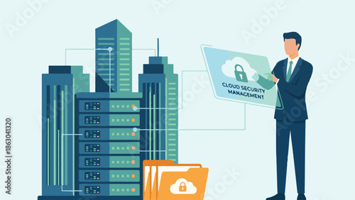 Businessman managing cloud security and data protection in a modern IT environment