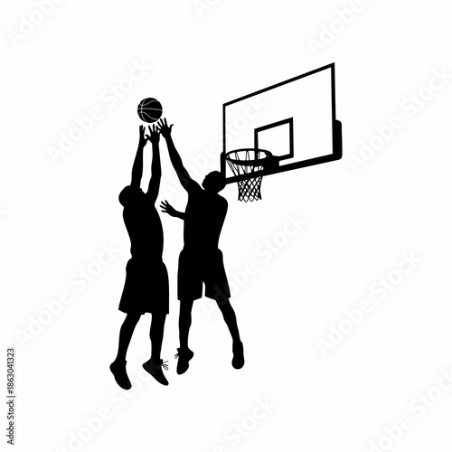 Basketball Players Silhouette Jumping to Block a Shot near Hoop