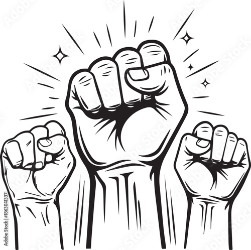 Raised fists icon trio with radiant sparks and bold silhouette for unity, resistance, and empowerment