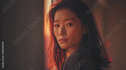 A korean girlfriend posing in a dimly lit room with soft light on her face and dark hair