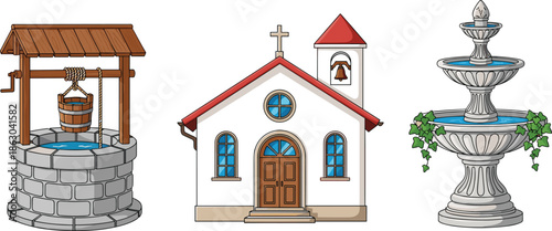 Detailed architectural illustrations featuring a traditional stone water well with wooden pulley a classic small white church and a tiered garden water fountain