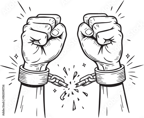 Breaking chains icon with clenched fists, sparks, and radiant lines in black silhouette freedom design