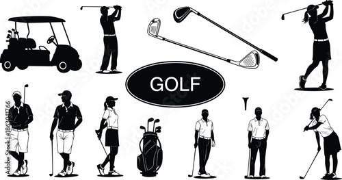 Professional Golf Vector Silhouette Set Featuring Golfers Players Golf Cart Clubs Bags Tees And Sport Equipment For Outdoor Recreational Activities