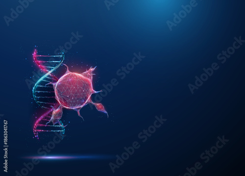 Red tumor with purple DNA. Cancer research, genetic analysis, molecular diagnostics, oncology study, precision medicine, biomedical investigation concept.