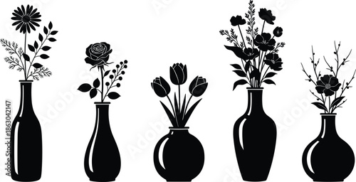 Set of black flower vase silhouettes, rose tulip and daisy bouquets in bottles, home decor collection, cad drawing flat vector illustration
