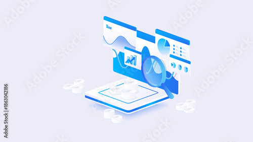 Stock market isometric of financial dashboard data analysis with gantt charts, coin, and financial metrics in blue digital style.